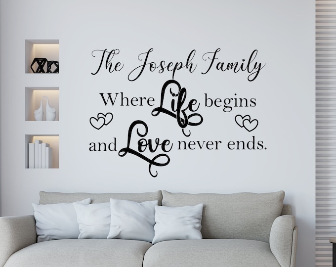 Custom family last name wall decal, personalized Family wall decor, Family wall decal // where life begins and love never ends