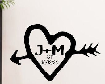 Carved initials, custom bedroom decal, established sign, heart and initials, initial decals, monogram vinyl decal, wedding decal,