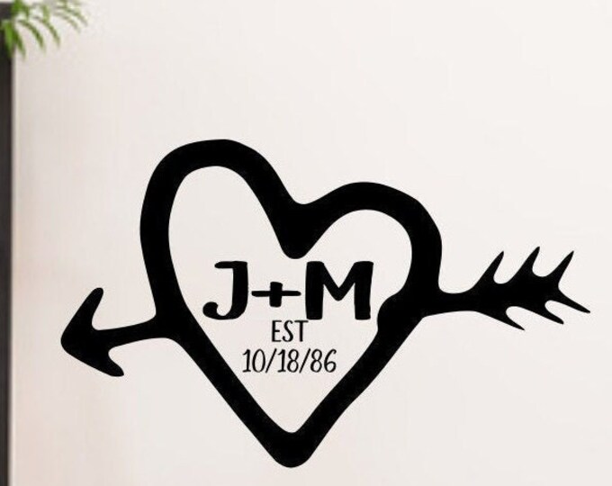 Carved initials, custom bedroom decal, established sign, heart and initials, initial decals, monogram vinyl decal, wedding decal,