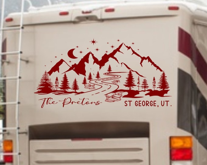 Custom RV decal, Mountain with last name decal, personalized gift, camper decal, rv decals, rv decor, rv decal, rv gifts, rv accessories