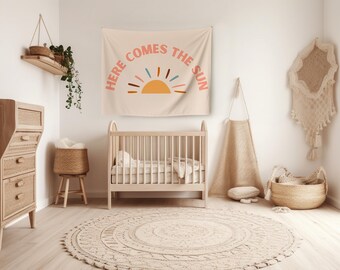 Tapiz de pared Aquí viene el sol, tapiz bohemio para colgar en la pared, decoración de guardería, bandera de lona para educación en el hogar