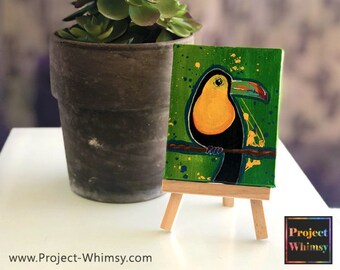 Carlos II the Toucan, One-of-a-Kind 3.5"x2.5" Mini Acrylic Painting w/ Easel & Magnet