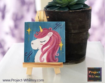 Stardust II the Unicorn, One-of-a-Kind 3"x3" Mini Acrylic Painting w/ Easel & Magnet