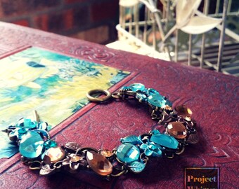Sky Blue and Brown Floral Bracelet - Glass and Metal Pieces