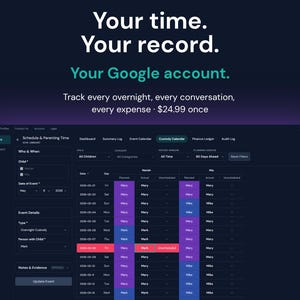 May include: A dark-themed software interface displaying a custody calendar with columns for dates, days, and child names. The text reads: Your time. Your record. Your Google account. Track every overnight, every conversation, every expense.
