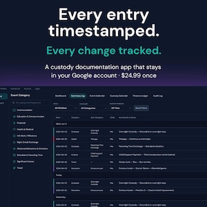 May include: A dark-themed software interface for custody documentation. The text reads: Every entry timestamped. Every change tracked. A custody documentation app that stays in your Google account. The dashboard displays event categories and logs.