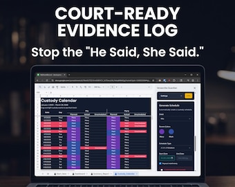 Suivi des parents et calendrier de garde | Journal de coparentalité et carnet de visites | Journal des preuves Google Sheets | Modèle de droit de la famille pour le tribunal