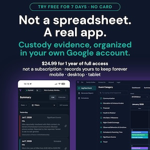 May include: A dark-themed digital interface for a custody evidence app. Text reads: Try free for 7 days, no card. Not a spreadsheet. A real app. Custody evidence, organised in your own Google account. £24.99 for 1 year of full access, not a subscription.