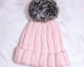Knit Pink Pompom Hat, Ribbed Hat, Beanie with Faux Fur, Handmade Knit Tuque, Gift for Her, Christmas, Xmas, Ready to Ship