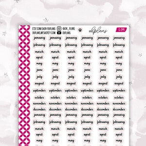May include: A sheet of stickers with the months of the year written in black cursive script. The stickers are arranged in rows and columns on a white background with a pink and white geometric pattern on the left side of the sheet. The text "@OKPLANS" appears in the bottom right corner of the sheet.