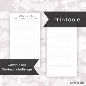 Pode incluir: Folha de rastreamento imprimível em preto e branco com o texto "completed savings challenges" e "Completed Savings challenge". A folha tem colunas para data, desafio, objetivo e salvo.