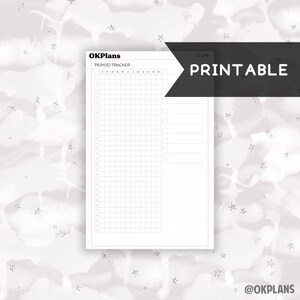 May include: Printable period tracker with a grid for tracking your cycle, a notes section, and the months of the year labeled at the top. The text "OKPlans" is at the top of the page.