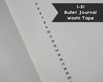 Puede incluir: Primer plano de un bullet journal blanco punteado con una línea vertical negra de números del 1 al 23. El texto "1-31 Bullet Journal Washi Tape" está en un rectángulo negro en la esquina superior derecha de la imagen. El texto "@OKPLANS" está en la esquina inferior derecha de la imagen.