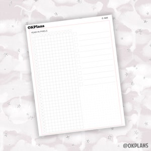 May include: A printable year in pixels planner with a grid for each month and a dotted section for notes. The planner is labeled "YEAR IN PIXELS" and has the text "OKPlans" at the top.