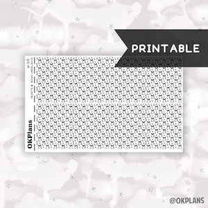 May include: Printable planner sheet with a repeating pattern of black hearts and bows on a white background. The sheet is labeled "Hearts & Bows Undel W-215" and "OKPlans".