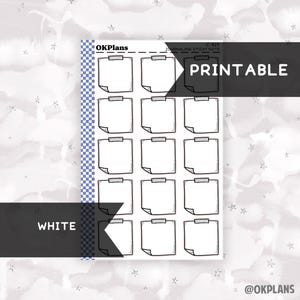 May include: A sheet of printable journaling sticky notes with a white background. Each note is a square with a curved corner and taped to the page. The word "PRINTABLE" is displayed in large white letters. The word "WHITE" is also displayed.