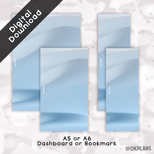 May include: A set of digital download planner inserts featuring a light blue abstract wave pattern. The collection includes A5 or A6 dashboard or bookmark sizes. Each piece displays the text OKPLANS and the words Digital Download are visible.