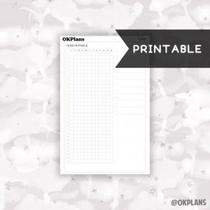 May include: Printable year in pixels planner with a grid layout and a section for notes. The planner is labeled "Year in Pixels" and has the months of the year listed across the top.