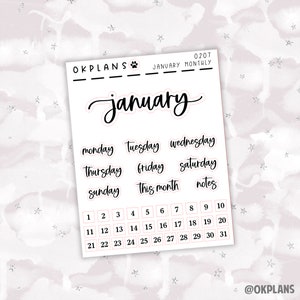 May include: A printable planner sticker sheet featuring the word "January" in cursive and a paw print. The sheet includes stickers for each day of the week, "this month", and "notes". The sheet also includes a calendar grid with the numbers 1 to 31.