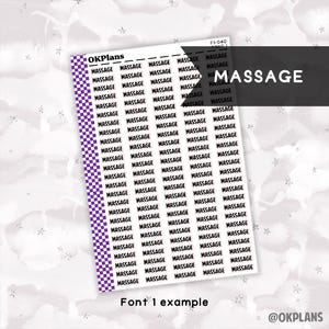 May include: A sheet of rectangular planner stickers featuring the word MASSAGE printed in black capital letters. The left edge has a purple and white checkered border. The text OKPlans and FI-040 FONT 1 are visible at the top of the sheet.