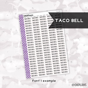 May include: A rectangular sticker sheet featuring a purple and white checkered border on the left side. The sheet contains numerous small, individual rectangular stickers, each printed with the black text TACO BELL in a sans-serif font.