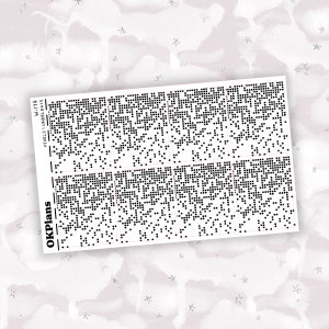 May include: A sheet of black and white pixel art stickers with the text "OKPlans" and "PIXELS UNDELUXE W 1719" printed on the sheet.