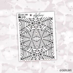 May include: A sheet of black and white spiderweb patterned stickers. The stickers are designed for use in a planner or journal. The stickers are arranged in a grid pattern. The text "@OK_PLANS" is visible in the bottom right corner of the image.