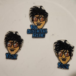 May include: Three plastic charms featuring a cartoon character with black hair, brown eyes, and a mustache wearing sunglasses. The charms have the text "You Delightful Freak!" and "Ygor" printed on them.