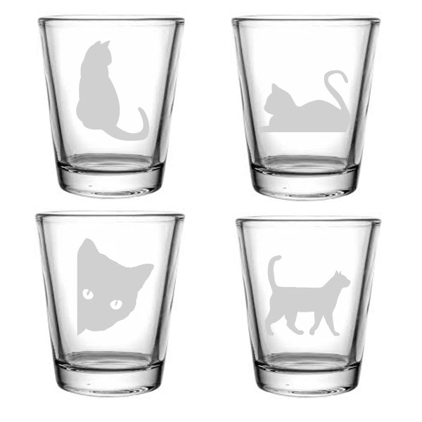 Cute Cats Being Cats Drinking Glasses 4 Engraved 1.5oz. Shot Glasses: Perfect gift for a cat lover, cat decor, cat mom, Mother's Day Gifts