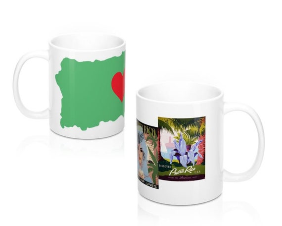 Puerto Rico Gift Coffee Mug Set of 2. Housewarming Puerto Rican Gift Set.  Borinquen Island With Heart and Travel Puerto Rico Artwork. 