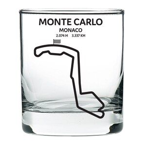 May include: A clear glass tumbler with a black outline of the Monte Carlo race track printed on it. The text "MONTE CARLO MONACO 2.074 M 3.337 KM" is printed below the track.