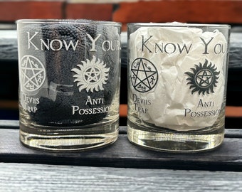 Supernatural Gift SPN Engraved Rock Glass Wrap-Around Design Know your Symbols: Devils Trap, Anti Possession Angel Banishing Spell Purgatory