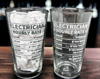 Electrician Gift Engraved Pint Glass: Electrician Hourly Rate Funny Electrician Retirement Gift Master Electrician Birthday Gift for Dad