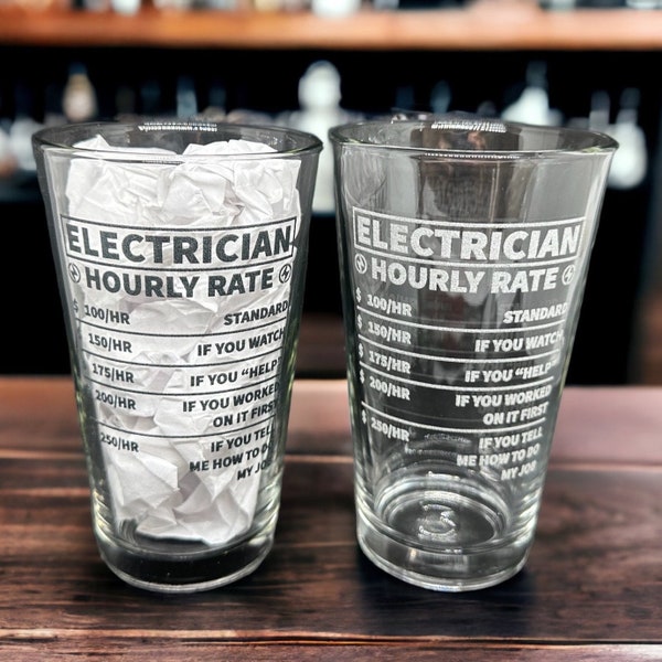 Electrician Gift Engraved Pint Glass: Electrician Hourly Rate Funny Electrician Retirement Gift Electrician Birthday Gift Master Electrician