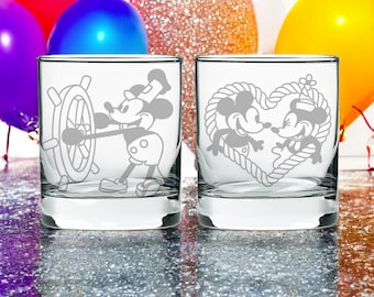 Verres Willie bateau à vapeur, verres à whisky rétro Mickey et Minnie gravés, lot de 2 verres à bourbon, verrerie souris, cadeau de Noël Mickey