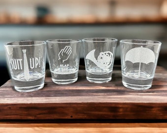 How I Met Your Mother Gift Shot Glass Set of 4 Umbrella, French Horn Suit Up Slap Bet How I Met Your Mother Christmas Gift TV Show Fan Gift