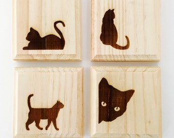 Cute cats being cats inspired permanent engraved gift set of 4 wood coasters. Talk about a perfect gift for a cat lover :-)