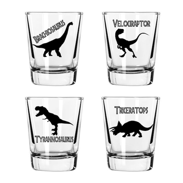 Jurassic Dinosaur Shot Glass Set of 4 Engraved 1.5 Ounce Glasses, Tyrannosaurus, Brachiosaurus, Velociraptor, Triceratops. Permanent.