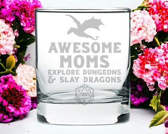 DnD Dragons Gift for Mom, DnD Rocks Glass, Awesome Moms Explore Dungeons & Slay Dragons, Dragon Gift, Dungeon Master Gift for Mom DnD Dice