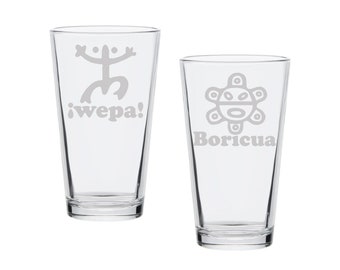 Puerto Rico gift Pint Glass: Taino Coqui with WEPA text, and Taino Sun with BORICUA text laser engraved Ping Glass set of two.