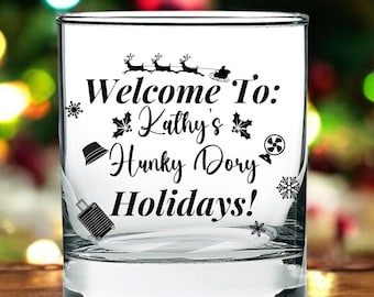 Verre à boire de vraies femmes au foyer : Kathy Hilton Hunky Dory Holidays verre à cocktail gravé, cadeau de vraies femmes au foyer de Beverly Hills pour Bravoholic