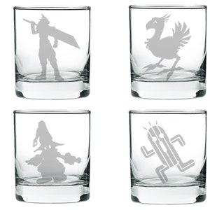 May include: Set of four clear glass tumblers with etched designs of characters from the Final Fantasy video game series. The designs include Cloud Strife, Chocobo, Cactuar, and a Moogle.