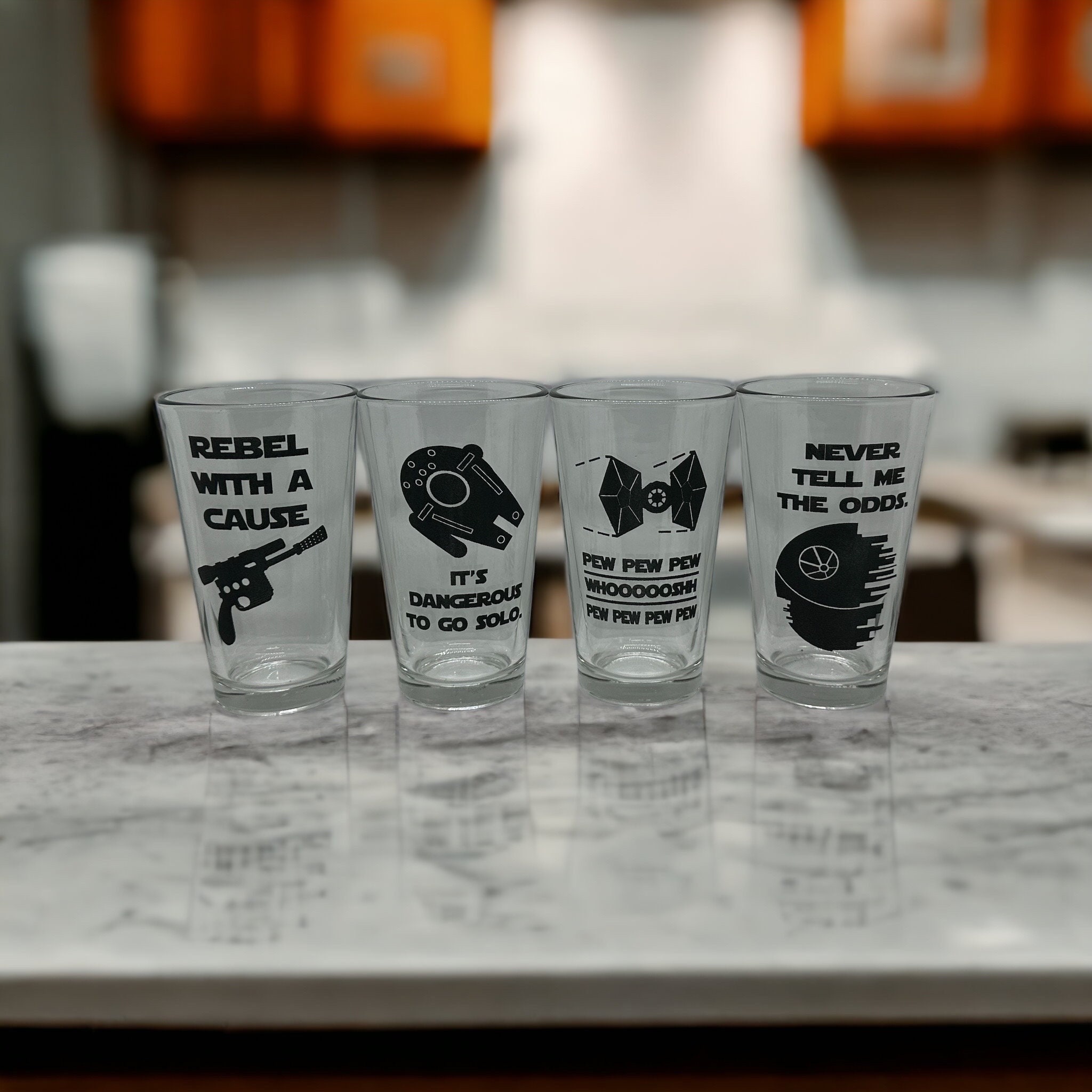 Star Wars Shot Glass Set of Four: Rebel, Pew Pew Pew, Dangerous to Go Solo,  Never Tell Me the Odds Star Wars Shot Glass Fan Gift. 