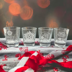 Supernatural Gift Set of 4 Shot Glasses - Perfect SPN Fan Gift, Supernatural Gifts, Anti-Possession Symbol, Supernatural Christmas Gift
