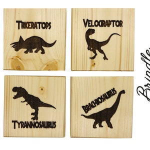 Jurassic Dinosaurs Drink Coasters: Tyrannosaurus, Brachiosaurus, Velociraptor, Triceratops, Engraved Wood Coaster Set, Adult Dinosaur Gift