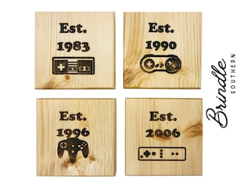 Nintendo controller evolution inspired engraved gift set of 4 wood coasters: NES, Super Nintendo 64 Classic Nintendo Father's Day Gift