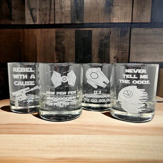 Star Wars Whiskey Glass Set of 4: Pew Pew, Never Tell Me, Rebel, Dangerous,  Engraved Star Wars Whiskey Glasses, Star Wars Gift for Him