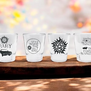 Supernatural Shot Glass Set of 4: ENGRAVED SPN Shot Glasses - Anti-Possession, Saving People, Salt Ring, Impala, Perfect Supernatural Gift