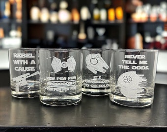 Star Wars Gifts Rocks Glass Set of 4: Pew Pew X-Wing, Millennium Flacon, Blaster, Death Star Engraved Star Wars Whiskey Glasses Gift for Him