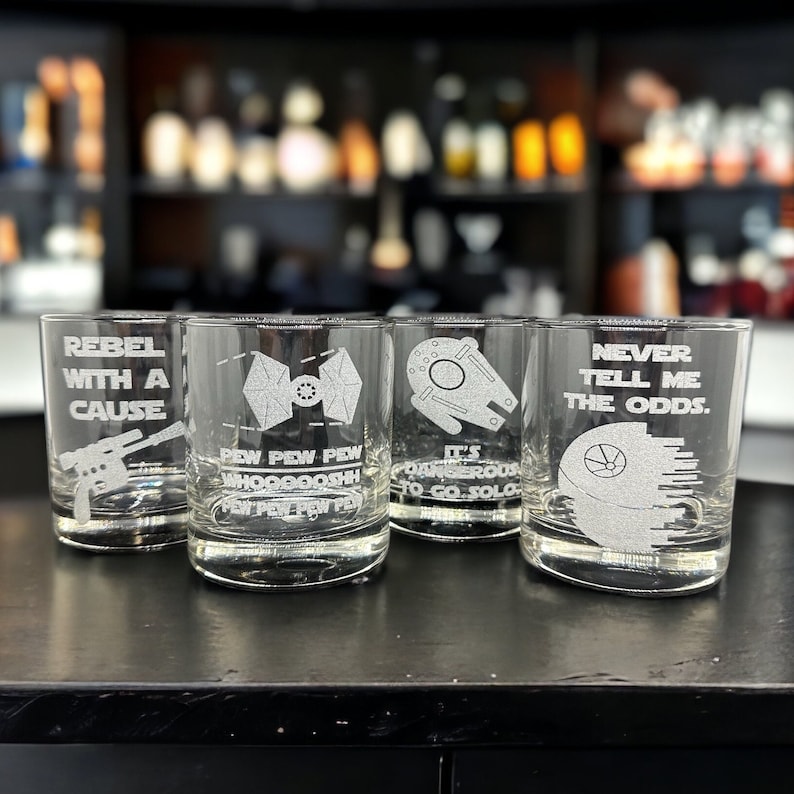 Star Wars Gifts Rocks Glass Set of 4: Pew Pew X-Wing, Millennium Flacon, Blaster, Death Star Engraved Star Wars Whiskey Glasses Gift for Him